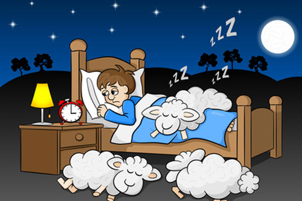 Die Karrikatur zeigt ein Kind im Bett, neben dem drei Schafe schlafen.