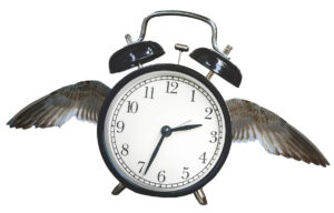 Das Foto zeigt einen fliegenden Wecker. An seinen Seiten sind Flügel angebracht.